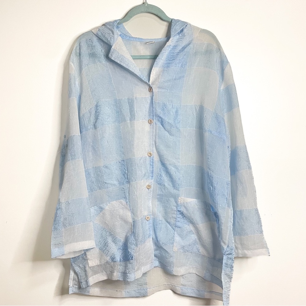 Cottagecore Blue and White Gingham Checkered Sheer Hooded Button Up M/L